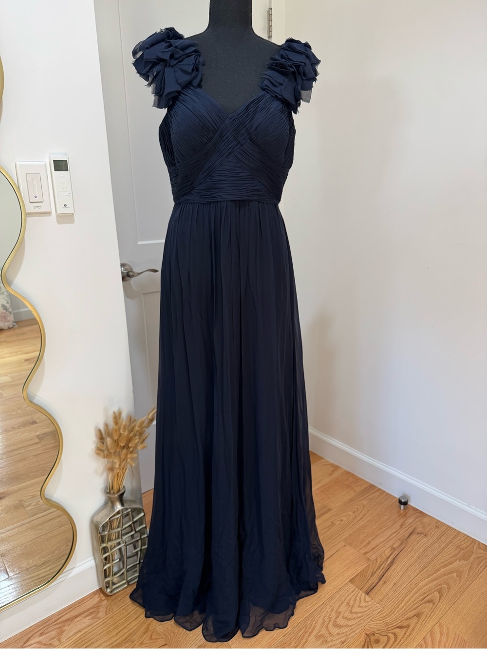 Rickie Freeman for Teri Jon Midnight Navy Silk Ruffled Shoulder Gown Sz 10 NWOT